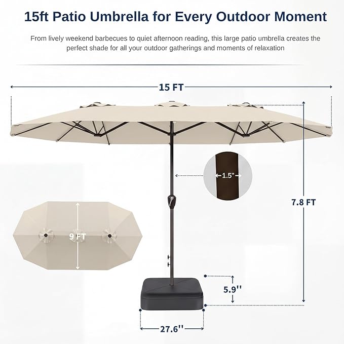15FT Large Patio Umbrella with Base, Double Sided Rectangular Outdoor Umbrella with Sturdy Fiberglass Ribs, UPF 50+ Sun Protection, Wind-Resistant, Waterproof Fade-Resistant Fabric for Pool, Garden, Backyard, Deck(Creamy-white)