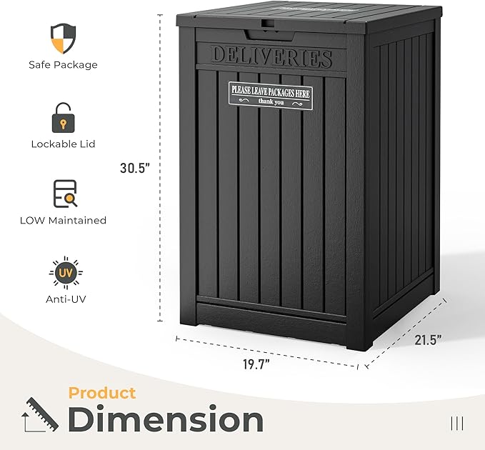 Package Delivery Box for Outside With Sign, Lockable Outdoor Storage Box Waterproof Deck Box, Large Double Wall Resin Parcel Drop Boxes, 48 Gallon, Black