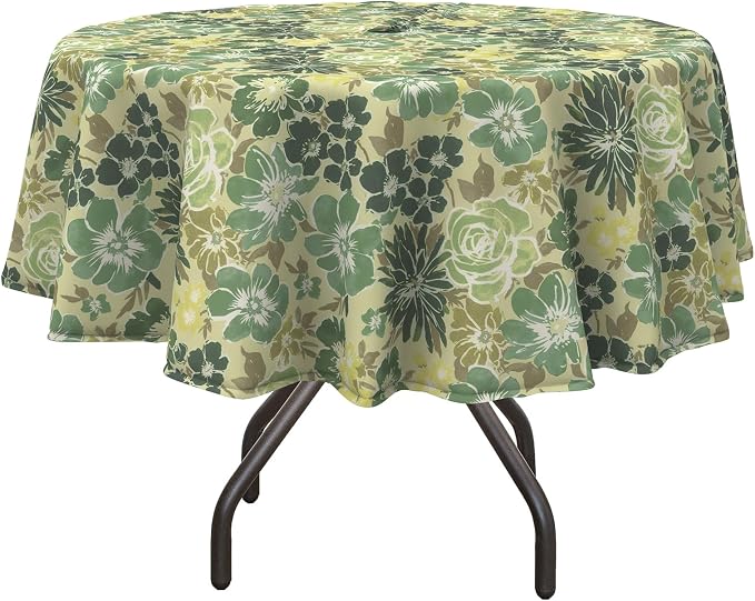 DYTXIII Outdoor Round Tablecloth with Umbrella Hole 60 Inch, Water Repellent & Fade Resistant Table Cover, All Weather Outdoor Tablecloth for Garden & Party Table, Green Rose