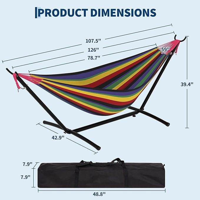 Double Hammocks with Stand for Outside, Portable Space Saving Heavy-Duty Steel Stand for Indoor Outdoor Patio with Carrying Bag, 450 lbs Capacity
