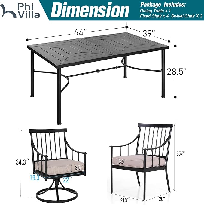 PHI VILLA Patio Dining Set, Swivel Chairs, 64" Steel Table | Metal chairs, Fixed & Swivel Chair, 1.57" umbrella hole, 360° swivel, Cushions, 300 lb chair capacity