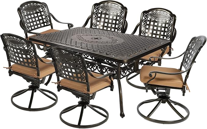 MEETWARM 7-Piece Outdoor Patio Dining Set, All-Weather Cast Aluminum Patio Conversation Set with 6 Cushioned Swivel Rocker Chairs for Backyard Garden Deck, 1 Rectangular Table, 2" Umbrella Hole