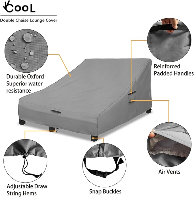 Okcool 100% Waterproof Patio Double Wide Chaise Lounge Chair Cover, 600D Tough Canvas 80 Inch Outdoor Chaise Lounge Covers