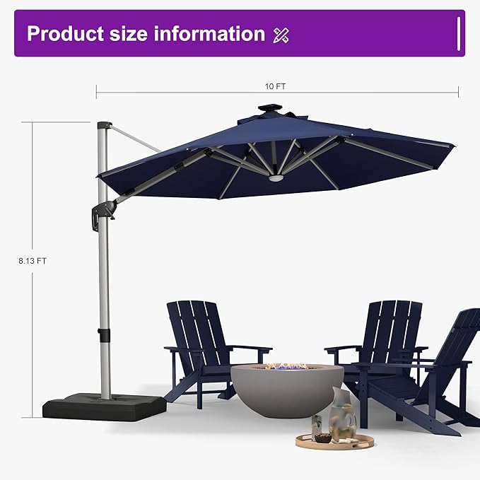 PURPLE LEAF 10ft Patio Umbrella with Lights Outdoor Round Cantilever Solar Powered LED Umbrella with 360-degree Rotation for Garden Deck Pool Patio, Navy Blue