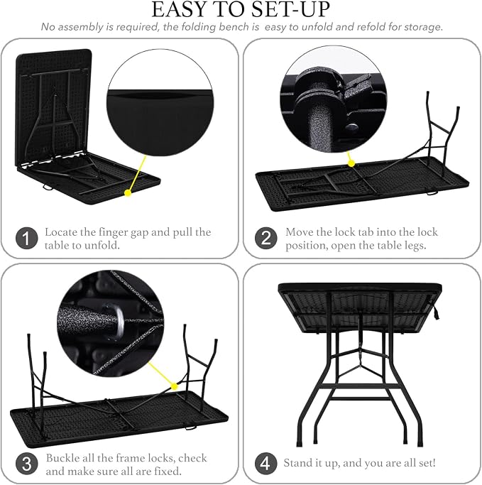 AJP Distributors 6 Foot Portable Plastic Folding Table 6FT 72" Half Foldable Heavy Duty Top w/Carry Handle - Indoor Outdoor Camping Picnic Party Wedding Dining Office Event Meeting Black Wood Style