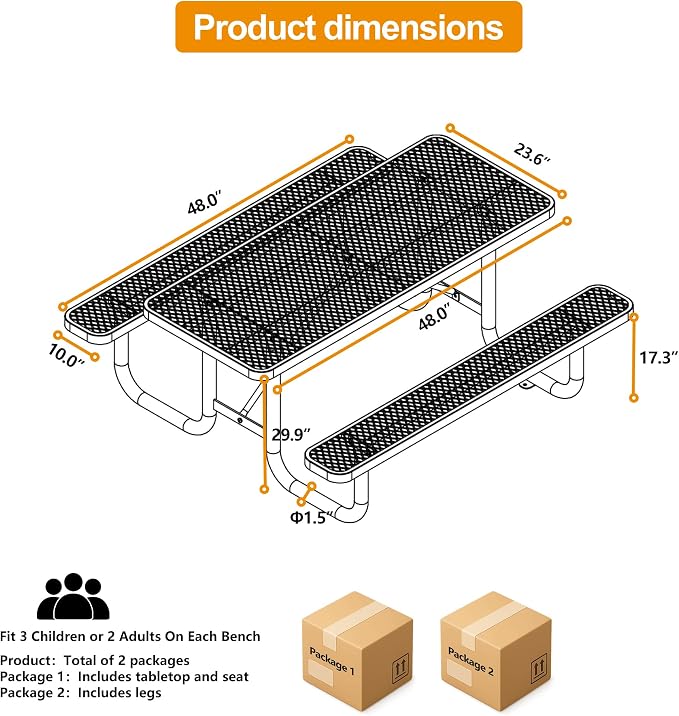 4ft Rectangular Picnic Table – Heavy-Duty Metal Mesh Outdoor Dining Table, Thermoplastic Coated Steel, Outdoor Living, Parks & Schools (Gray)