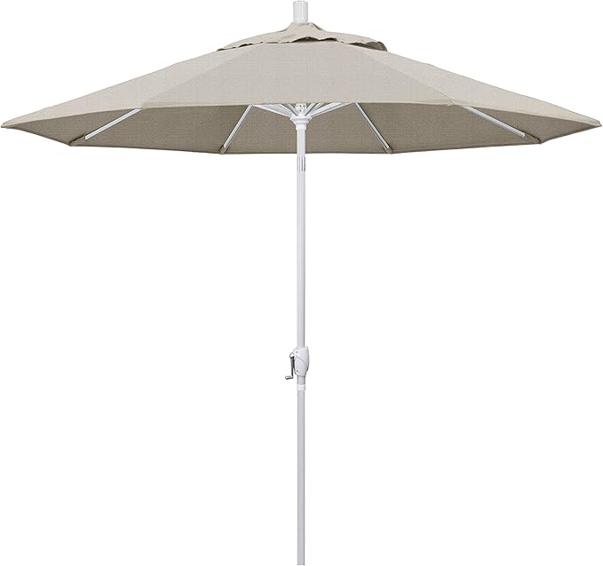 California Umbrella 9' Round Aluminum Market Umbrella, Crank Lift, Push Button Tilt, White Pole, Woven Granite Olefin