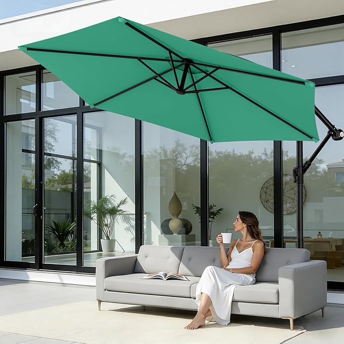 AreShark 10FT Patio Outdoor Umbrella, Offset Patio Umbrella Cantilever Umbrella, 6 Sturdy Ribs, Easy Adjustment for Garden Market Pool with Cross Base (Peacoke Blue)