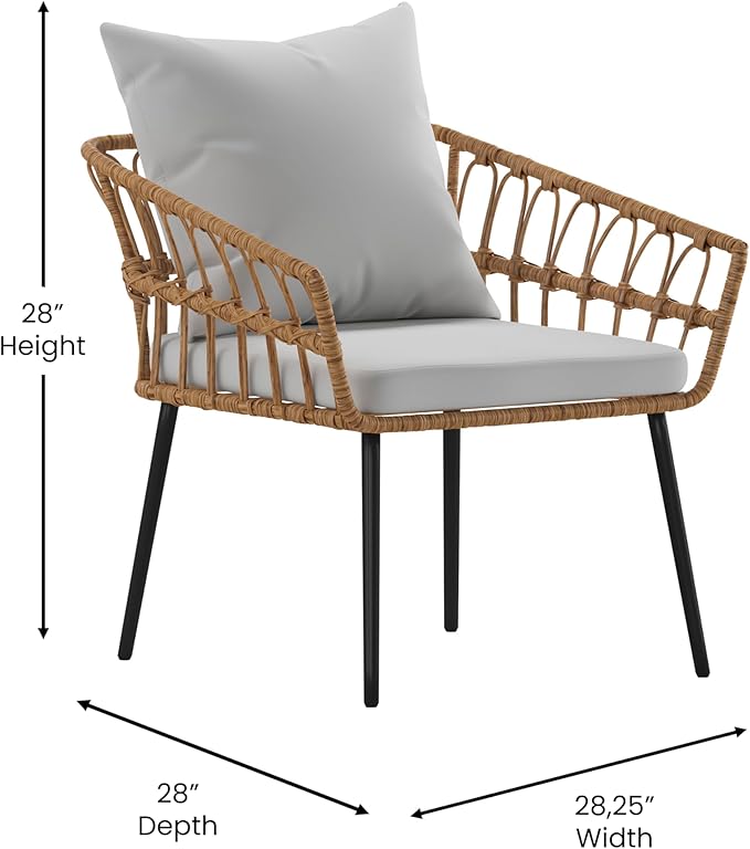 Flash Furniture Evin Boho 4 Piece Patio Conversation Set - Natural Rope Rattan - Gray All-Weather Cushions - Tempered Glass Top Coffee Table - Indoor/Outdoor