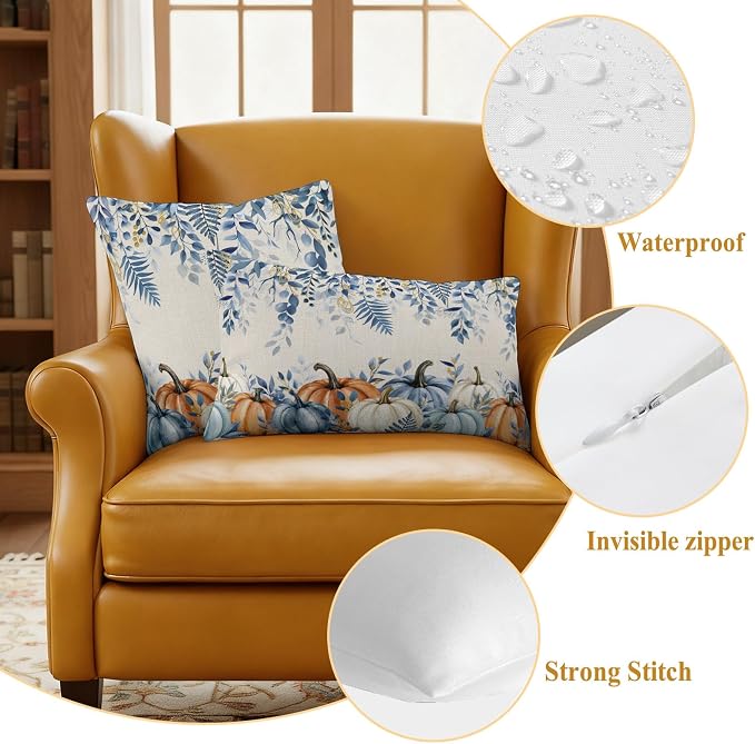 Orange Blue Fall Waterproof Outdoor Pillow Covers 24''x24'' Set of 2, Thanksgiving Eucalyptus Berry Leaves Patio Cushion Covers for Chairs, Decorative Pumpkin Beige Pillow Cases for Garden/Pool/Beach