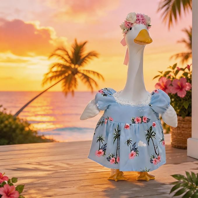 Funny 2 Pack Hawaiian Porch Goose Outfit for 17/23 Inch Lawn Geese Statue, Tropical Palm Floral Summer Dress & Flower Lei Headband Set, Aloha Style Goose Costume for Outdoor Yard Patio Garden Décor