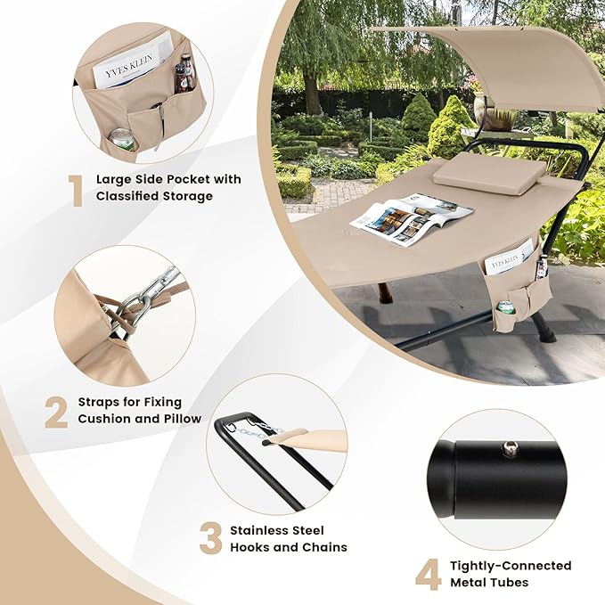 Nightcore Outdoor Canopy Hammock Swing Chair, Cushioned Patio Hanging Chaise Lounge w/Pillow & Storage Bag, Metal Swing Hammock Bed w/Stand for Garden, Lawn, Backyard (Beige)