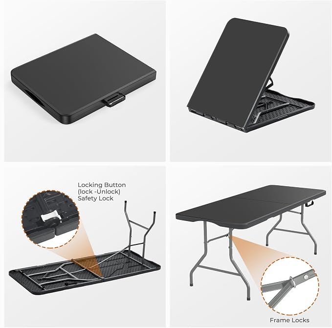 Fenbeli 8FT Folding Table, 350 LBS Heavy Duty with 18% Thicker HDPE Waterproof Top, Fold in Half Portable Table with Carry Handle & Safety Locks, Steel Frame for Indoor Outdoor Party Events