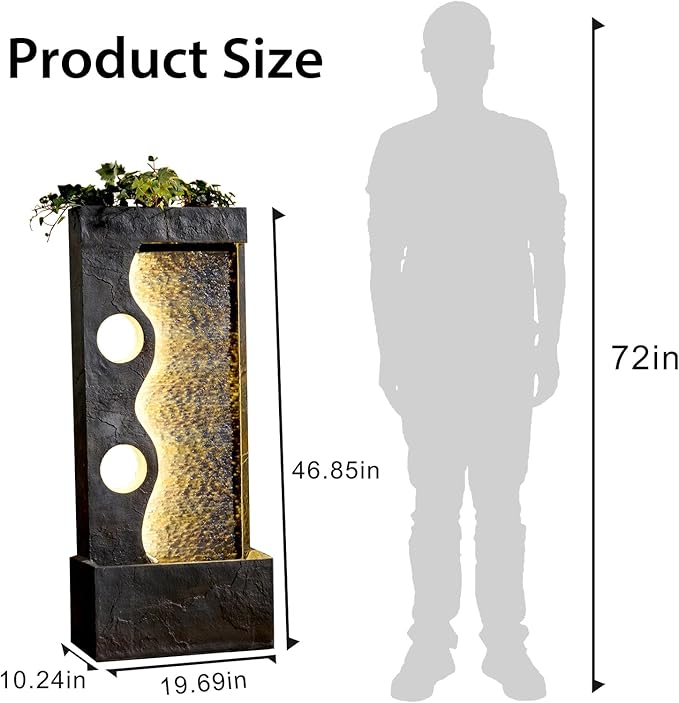 46.8" H Water Fountains Indoor Garden Waterfall Modern Fountain Outdoor with LED Lights Floor-Standing for Outside Garden, Patio, Backyard, Deck Decor, Pool, Porch, Landscaping, Balconies