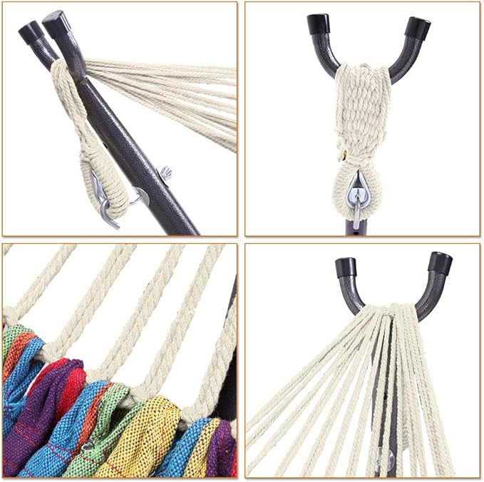 Portable Outdoor Polyester Hammock Set,Single Person Brazilian Hammock,Garden Cotton Hammocks,Indoor Swing Hammock Chair,with Stand & Carry Bag,for Outside Patio Porch Poolside Backyard (Rainbow)