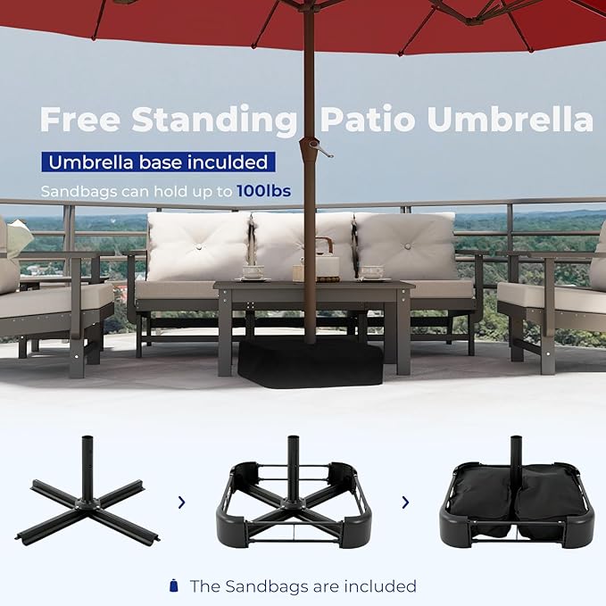 BRIOPAWS 15-FT-Large-Patio-Umbrella-with-Base | Double-Sided | Outdoor Table Umbrellas | w/Crank Handle | 12 Sturdy Fiberglass Rib | UV-Protection | for Garden Deck Backyard Pool | Red