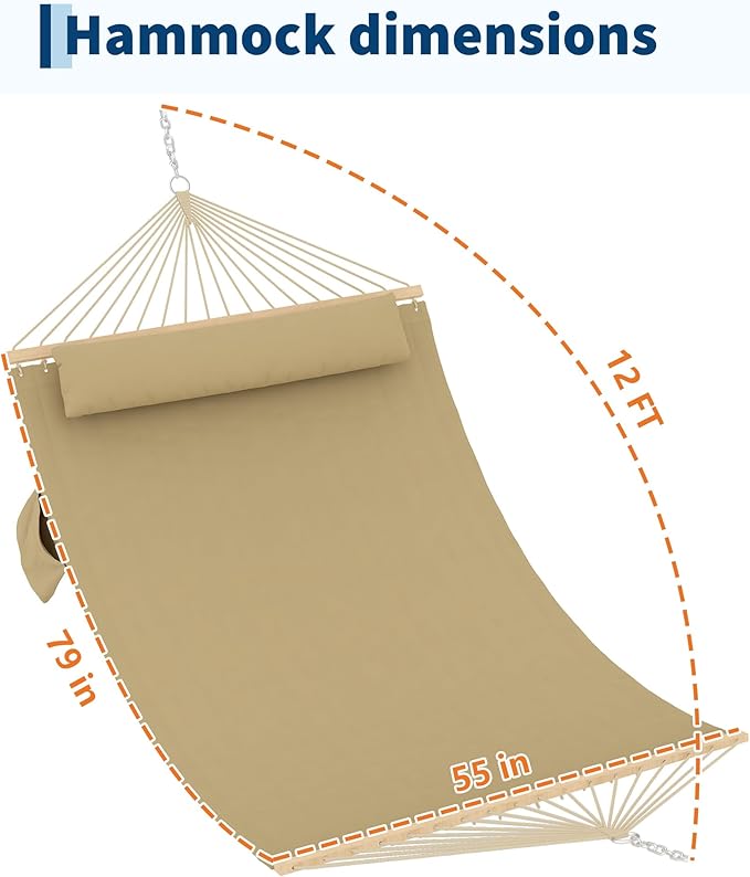 Garvee Double Quilted Fabric Hammock with Hardwood Spreader Bars and Pillow 450 LBS Capacity 2 Person Large Hammock for Outdoor Patio Backyard Poolside（Tan）