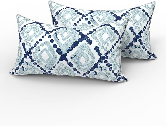 LVTXIII 2 Pack Outdoor Lumbar Pillows 12x20 Inch with White Piping, Fade Resistant Support Throw Pillows with Inserts for Patio Furniture, Sofa, Chair, Boho Geometry Blue