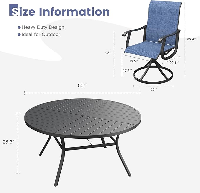 VICLLAX 7 Pieces Patio Dining Set, Patio Furniture Set of 6 Patio Swivel Dining Chairs and 50" Patio Spliced Round Tabletop, Navy Blue Chairs & Black Tabletop