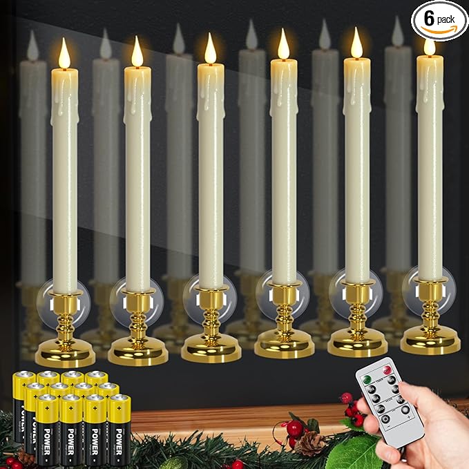 DRomance Christmas Flameless Window Taper Candles Battery Operated with Remote and Timer, 6 Pack Ivory Plastic Dripping LED Flickering Candles with Suction Cups Holiday Indoor Decor(Gold Holders)