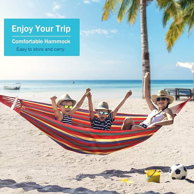 285X155cm Hammock with Spreader Bars, Camping Hammock Outdoor, with Thickened Durable Canvas Fabric and Sturdy Metal Knot, 550 Lb Load Capacity, for Backyard, Garden,Blue