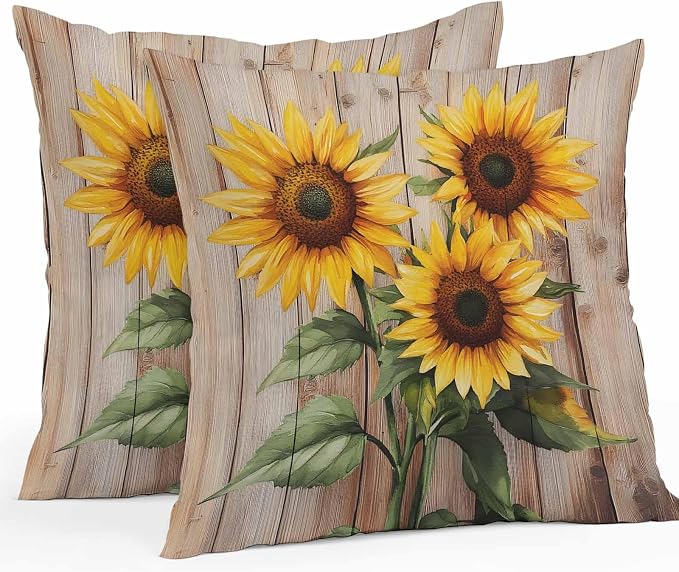 Pack of 2 Waterproof Outdoor Pillow Covers 26x26 Inch Decorative Pillow Covers Sunflowers Throw Pillowcases Farmhouse Wooden Grain Botanical Floral Outdoor Cushion Cover for Couch, Patio, Tent