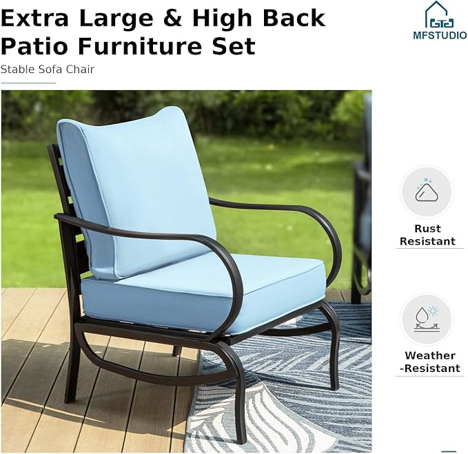 MFSTUDIO 5 Pieces Patio Conversation Sets,Outdoor Metal Furniture Sofas with 1 x 3-Seat Sofa, 2 x Sofa Chairs,2 x Ottoman,Wrought Iron Frame with Blue Cushion for Patio Courtyard Balcony