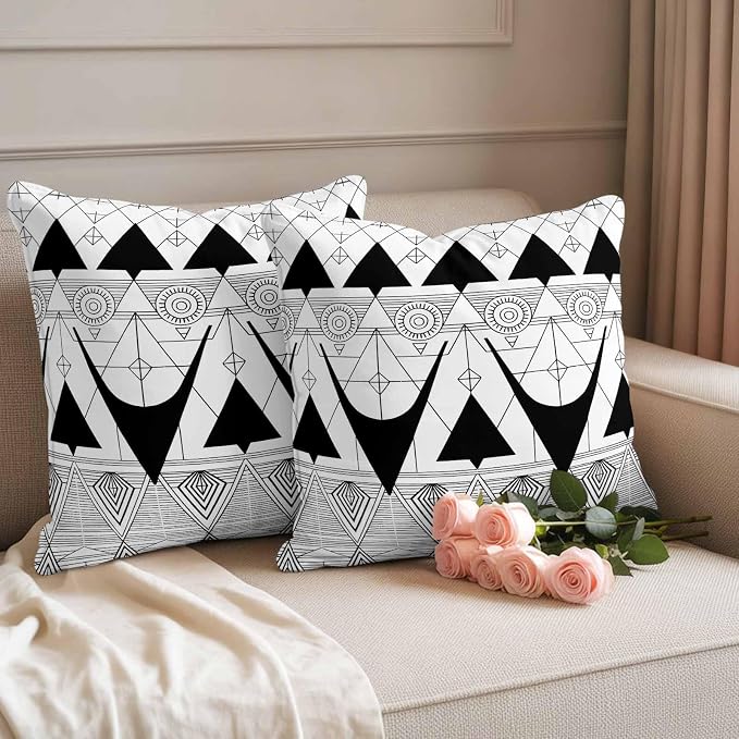 Throw Pillow Covers 16x16 Inch Set of 2, Black White Geometric Waterproof Outdoor Pillow Covers, Vintage Art Striped Decorative Cushion Pillowcases for Couch, Sofa, Bed, Garden, Patio