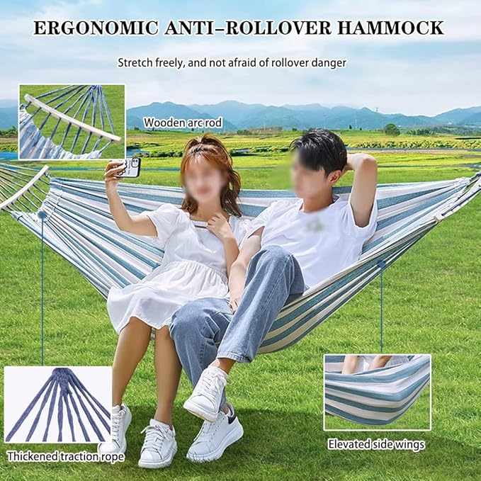 Anti-Rollover Double Hammock for Yard, Portable Compact Canvas Hanging Bed for Outdoor, Leisure/Relaxation, Load Bearing 350kg/771.6lbs(Blue White)