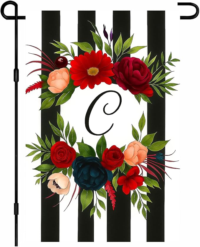 IVN Spring Floral Garden Flag With Mixed Flowers Letter C And Black And White Stripes Garden Flag Double Sided 12x18 Inch Vertical Farmhouse Yard Outdoor Decoration