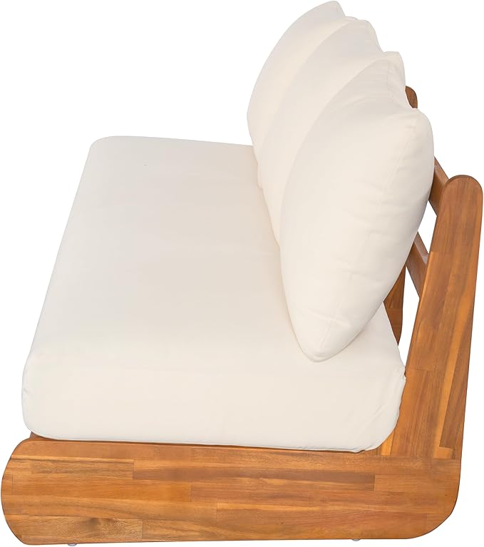 Christopher Knight Home Poppy 3 Piece Patio Conversation Set with Cushion, Acacia Wood 5 Seater Outdoor Sofa Chat Set, Wooden Patio Sectional Sofa Set with Club Chair, Teak+Beige