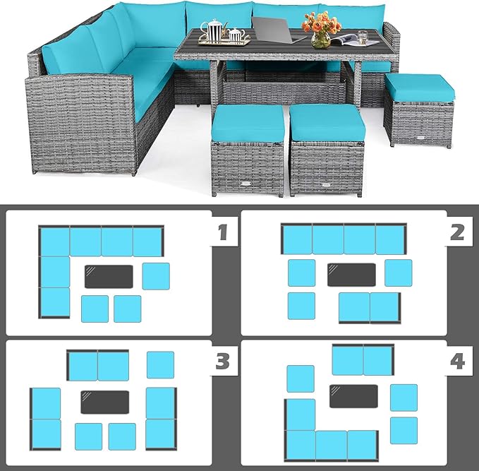 HAPPYGRILL 7 Pieces Rattan Wicker Patio Conversation Set, Outdoor Patio Furniture Set with Cushions, Rattan Sofa Set with Dining Table & Ottomans for Poolside Backyard Balcony Garden (Turquoise)