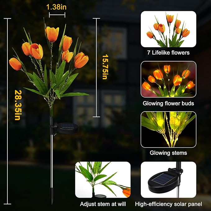 Aolyty Solar Garden Lights Outdoor, Solar Tulip Lights 2 Pack with 14 Tulip Flowers, IP65 Waterproof LED Stake Light for Pathway Patio Yard Landscape Decorative (Orange)