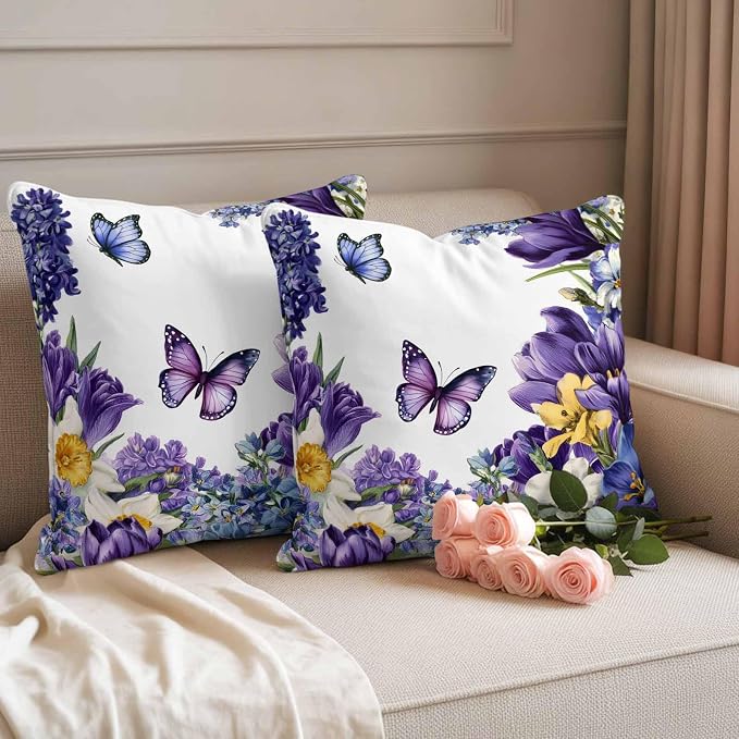 Outdoor Waterproof Pillow Covers for Patio Furniture Purple Blue Flowers Butterfly Throw Pillow Cover Watercolor Floral White Pillowcases Set of 2 Cushion Case for Sofa Couch Chair 20x20 inch