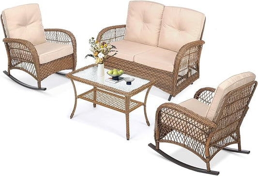MEETWARM 4-Piece Outdoor Patio Wicker Conversation Set with Glider Loveseat, 2 Chairs, Coffee Table & Rocking Chair - Thickened Cushions
