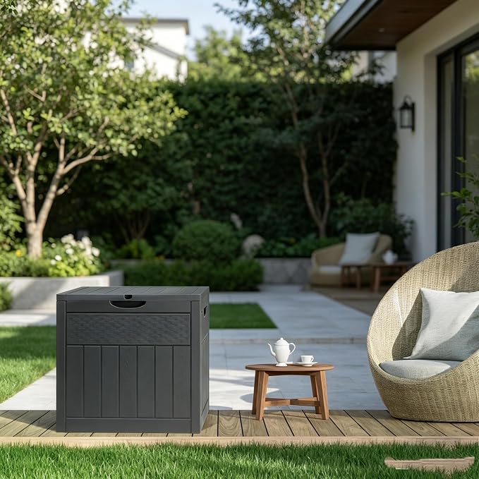 33 Gallon Small Deck Box Outdoor Storage Cube, Rattan Plastic Resin Garden Storage Box Chest, Patio Side Table for Cushions, Charcoal & Garden Tools, Gray