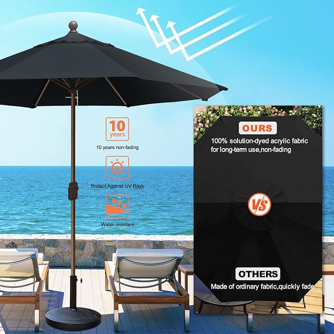 Eurmax USA 10-Year-Non-Fading 10FT Outdoor Patio Market Umbrella,UPF50+ UV Resistant Sun Shade,Heavy Duty Commercial Grade,Crank Lift Design,Windproof Vented Top for Garden,Pool,Deck,Black