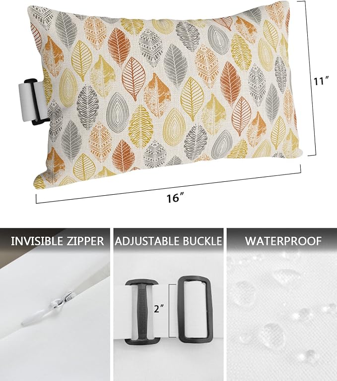 Outdoor Pillows Covers with Inserts Leaves Specimens Grey Yellow Orange Burlap Waterproof Pillow with Adjustable Strap Throw Pillows for Patio Furniture Recliner Lounge Chair, 11x16 inch, 1PCS