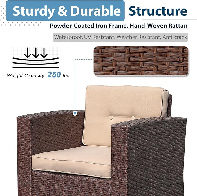 JOIVI 9 Piece Patio Conversation Sets - Wicker Patio Couch Set with Fire Pit, Durable Handwoven Fabric, Fireproof Glass Beads Cover, Storage Box, Great for Romantic Dining & Movie Nights, Brown