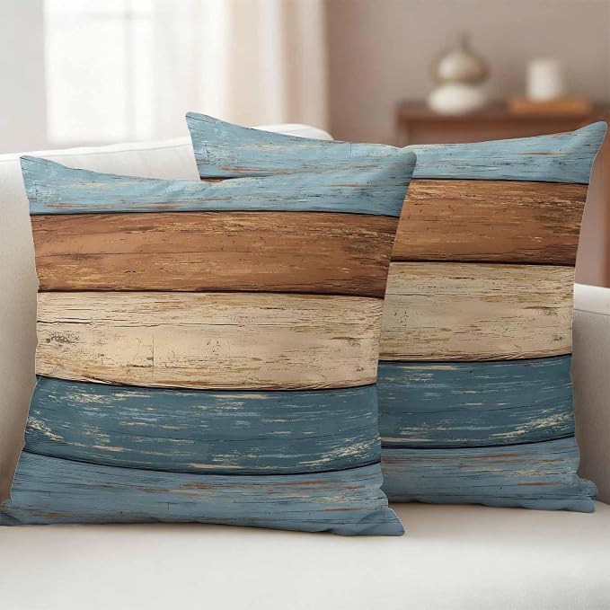 Farmhouse Blue Brown Outdoor Waterproof Pillow Covers, Vintage Wooden Striped Decorative Square Throw Pillowcase Sofa Cushion Sham for Patio/Couch/Chair, 24"x24" 2 Pack