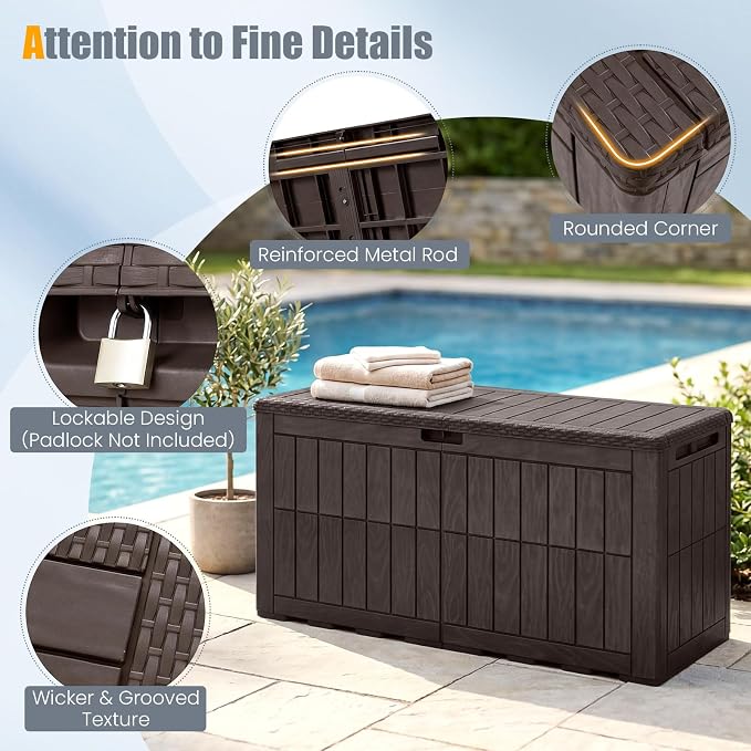 HAPPYGRILL 100 Gal Outdoor Deck Box, Lockable Storage Bin with Lid and Handles, Waterproof and Sun-Protective Patio Bench and Storage Box for Garden Tools Pool Supplies (Dark Brown, 100Gallon)