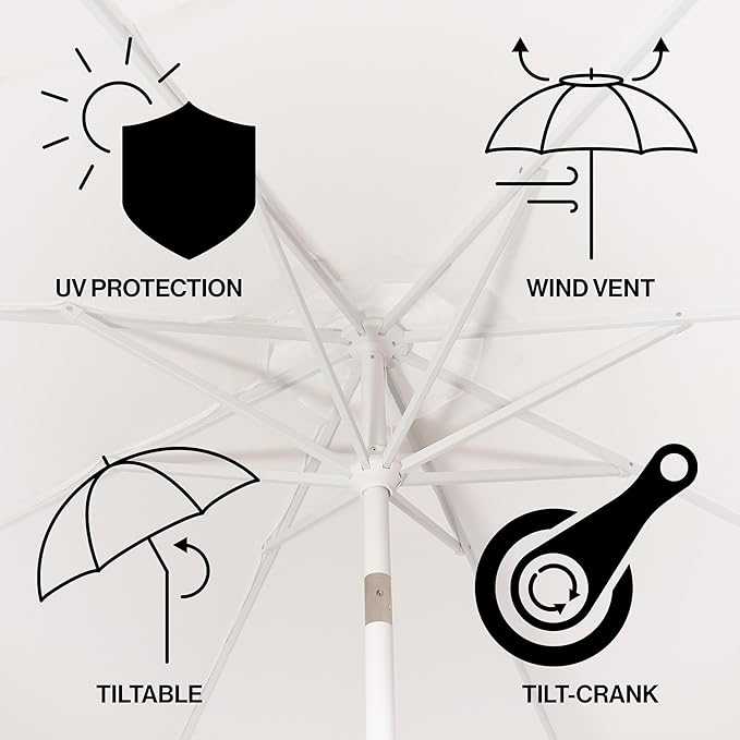 JONATHAN Y Baiona 9 ft. White/Coral Pink Outdoor Patio Umbrella with Crank Lift and Tilt, 8 Ribs UV-Resistant Market Table Umbrella with Square Trim for Pool, Deck, Coastal, White Pole UMB1000C