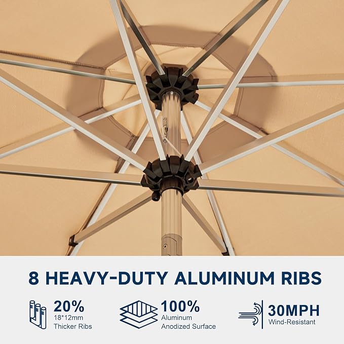 10FT Aluminum Outdoor Patio Umbrella, Fade-Resistant Market Umbrella with Push Button Tilt Function, 8 Sturdy All-Aluminum Ribs for Gardens, Patios, Backyards & Pools