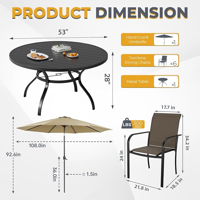 7-Piece Patio Dining Set with Umbrella,6 Person Outdoor Table and Chairs Set, 6 Metal Dining Chairs and Round Outdoor Table with 1.57" Umbrella Hole,Khaki