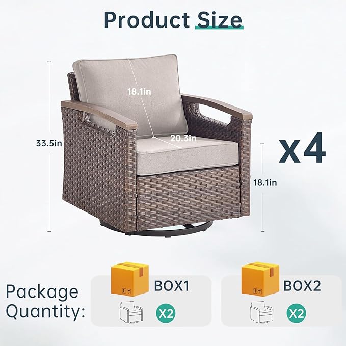 Luxury Outdoor Swivel Rocker Patio Chairs Set of 4 - Heavy Duty 4 Piece Patio Furniture Set All Weather Wicker Glider Set with Comfort Thick Cushion for Porch, Poolside and Deck - Beige