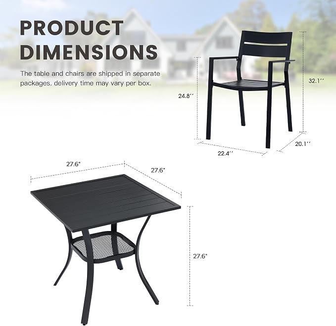 Small Patio Dining Set for 2, 27.5" Square Outdoor Dining Table and Chairs Set with Stackable Patio Chairs Outdoor Furniture for Garden Deck Backyard, Black Table and Black Chairs
