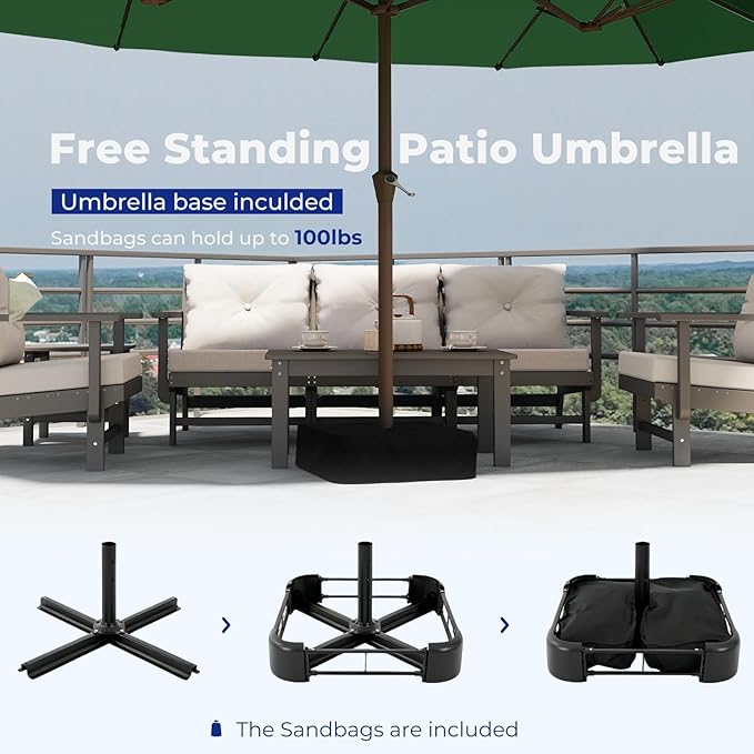 BRIOPAWS 15-FT-Large-Patio-Umbrella-with-Base | Double-Sided | Outdoor Table Umbrellas | w/Crank Handle | 12 Sturdy Fiberglass Rib | UV-Protection | for Garden Deck Backyard Pool | Forest Green