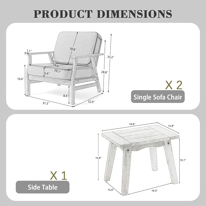 3 Piece Wood Outdoor Chairs Patio Bistro Set, Outdoor Armchair All Weather Patio Sofa Furniture Backyard Conversation Sets with Wooden Side Table - Dark Gray