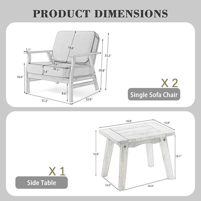 3 Piece Wood Patio Chair Outdoor Bistro Set, Outdoor Armchair All Weather Patio Sofa Furniture Backyard Conversation Sets with Dark Wooden Side Table, Light Camel