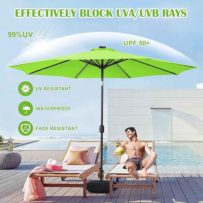 Sundale Outdoor Solar LED Patio Umbrella with Sand Bag Umbrella Base, Outdoor Umbrella with Tilt and Crank, Apple Green